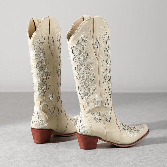 White Women Sparkly Rhinestone Wedding Boots Trendy Vintage Tall Glitter Boot - Picture 4 of 5